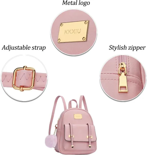 Vista 2 de KKXIU Mochila pequeña para niñas, de piel vegana, mini bolsa de libros para mujeres, linda mochila con pompones para adolescentes