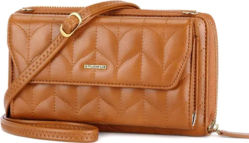 Vista 15 de nuoku Cartera RFID para Mujer Monedero Muñequera Bandolera Clutch con Cremallera Perimetral 2 Correas Negro