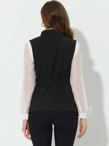 Vista 4 de Allegra K Chaqueta sin mangas para mujer, cuello chal, con cinturón, para trabajo, oficina, chaleco