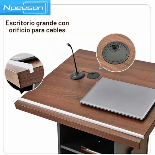 Vista 6 de Atril portátil con ruedas de bloqueo y soporte de micrófono ajustable, mesa de podio de madera para sala de conferencias, escritorio de podio