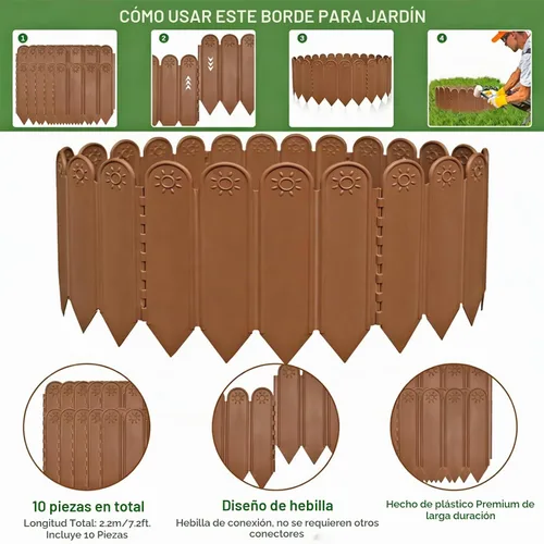Vista 3 de EEOCWF 10 bordes de jardín marrones, bordes de plástico de 8.66 pulgadas de alto, vallas de jardín decorativas entrelazadas de 7.2 pies, borde