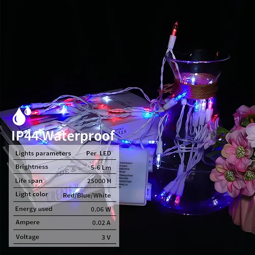 Vista 4 de Luces de cadena patrióticas a pilas - 50 luces LED mini rojas, blancas y azules para árbol pequeño, corona, manualidades, decoración