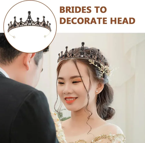 Vista 4 de Lurrose Tiara barroca de corona de reina para novia, diamantes de imitación negros, disfraz barroco de Halloween, baile de graduación, tiara