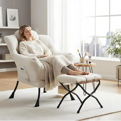 Vista 3 de Furlide Silla Perezosa con Otomana, Cómoda Silla de Salón con Brazos de Tela Acentuada con Almohada Lumbar y Reposapiés Plegable, Silla Sofá de Beige