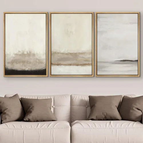 Vista 60 de SIGNFORD - Set de obras de arte en lienzo enmarcado para pared, ilustraciones abstractas de neblina del desierto en tonos neutros beige y marrón