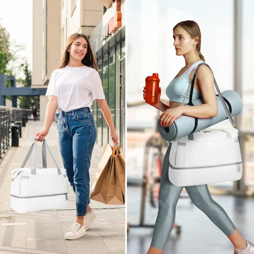 Vista 7 de ETRONIK Bolsa de gimnasio para mujer, bolsa de viaje con puerto de carga USB, bolsa de fin de semana con bolsillo húmedo y compartimento