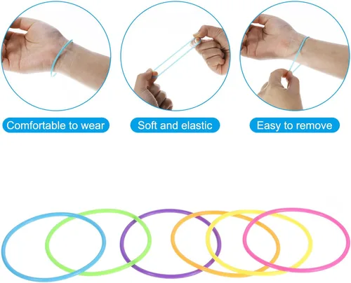 Vista 4 de PATIKIL Pulseras de gelatina de silicona, paquete de 60 pulseras de goma arcoíris brillantes de los años 80, pulsera elástica de neón para fiestas