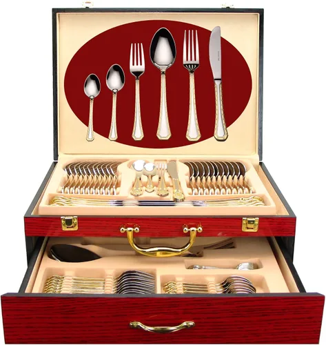 Vista 14 de Juego de cubiertos de lujo de 75 piezas para 12 con estuche de almacenamiento de madera, servicio de cubiertos de comedor de alta calidad, cubiertos