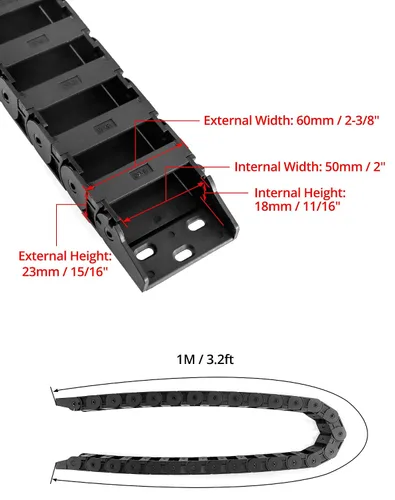 Vista 2 de QWORK R28 - Cadena de arrastre de cable de tipo semicerrado, paquete de 2 cadenas de plástico de alta dureza de 3.3 ft/3.28 pies de longitud, 0.709