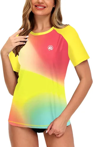 Vista 77 de AOBUTE Camisetas de natación de manga corta para mujer con protección solar degradada
