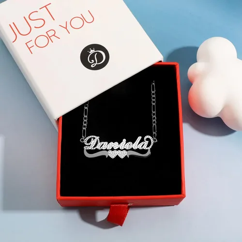 Vista 6 de Drawelry Collar con nombre personalizado de dos tonos con placa de oro de 18 quilates, chapado en doble corazón, placa con dije de placa de nombre