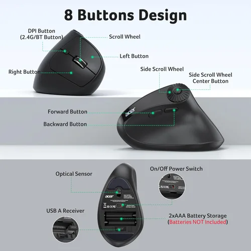 Vista 7 de Acer Ratón ergonómico inalámbrico con rueda de desplazamiento lateral, mouse Bluetooth para portátil (BT5.2+2.4GHz), mouse vertical de computadora