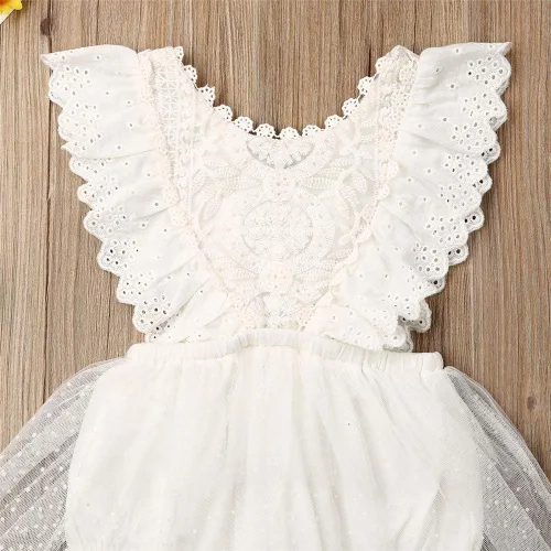 Vista 4 de Mameluco de tutú de tul con flores de encaje para bebé, vestido de princesa para primer cumpleaños, ropa de fiesta