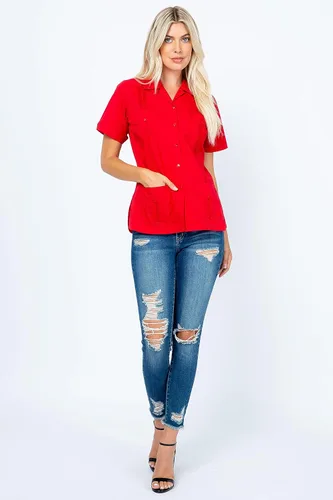 Vista 5 de Women's Traditional Guayabera Shirt Cotton Blend 4 Pocket Design Short Sleeve