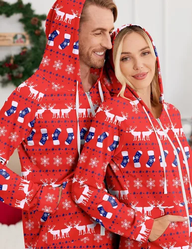 Vista 3 de Ekouaer Pijamas a juego para parejas con cremallera y capucha para adultos con bolsillos S-XXL