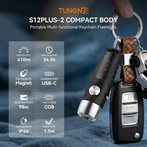 Vista 2 de S12PLUS-2 EDC Llavero linterna recargable, 610 lúmenes mini linterna con imán y clip, linterna de bolsillo USB C y luz lateral 6 modos
