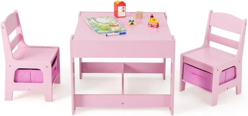 Vista 13 de HONEY JOY Mesa y sillas para niños, juego de actividades de madera 4 en 1 para niños con libreros dobles, almacenamiento, tablero desmontable