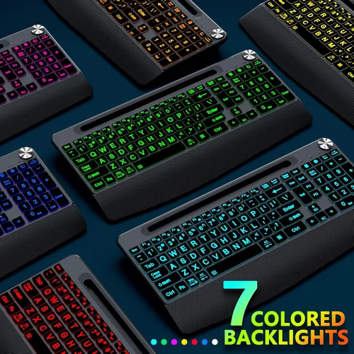 Vista 3 de JOYACCESS Large Print Backlit Wireless Keyboard,2.4G Full Size Ergonomic Keyboard with Wrist Rest, 7-Color Light up and Oversiez Letter for Computer