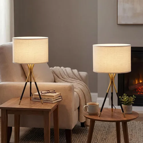 Vista 5 de Juego de 2 lámparas de mesa con trípode modernas de 20.8 pulgadas, lámparas de mesa de metal negro y dorado para sala de estar, dormitorio, mesita