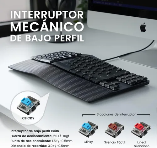 Vista 3 de Perixx PERIBOARD-335BL ES Teclado ergonómico mecánico compacto con Cable - Sin llave - Teclas Clicky Azules de perfil Bajo - Teclas programables