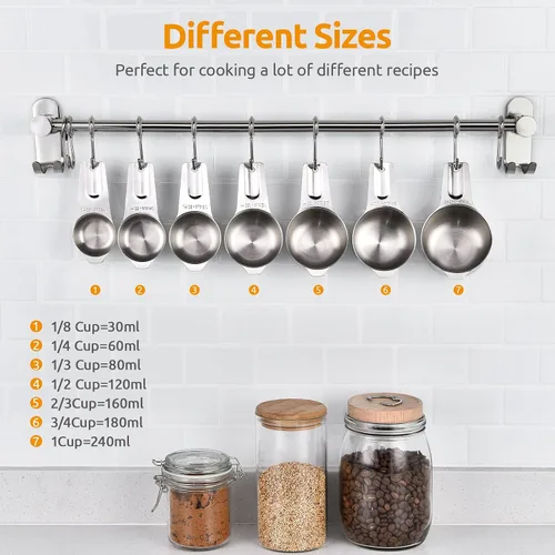 Vista 2 de Vasos medidores: U-Taste - Juego de 7 tazas medidoras de acero inoxidable 18/8, 1/8 taza, 1/4 taza, 1/3 taza, 1/2 taza, 2/3 taza, 3/4 taza, 1 taza