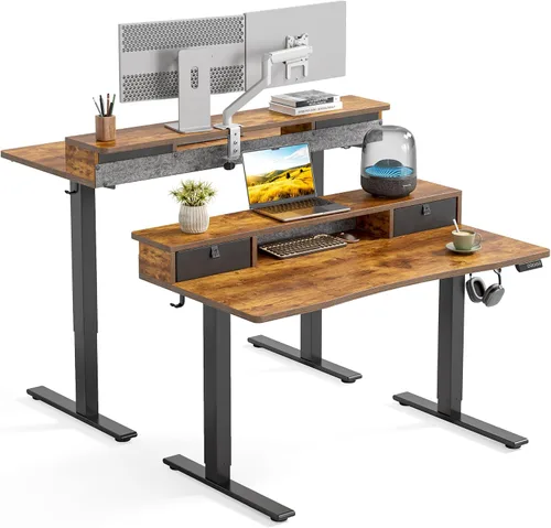 Vista 11 de FEZIBO - Escritorio eléctrico de altura ajustable de 48 x 24 pulgadas con cajón doble, escritorio para computadora, mesa de pie para oficina en casa