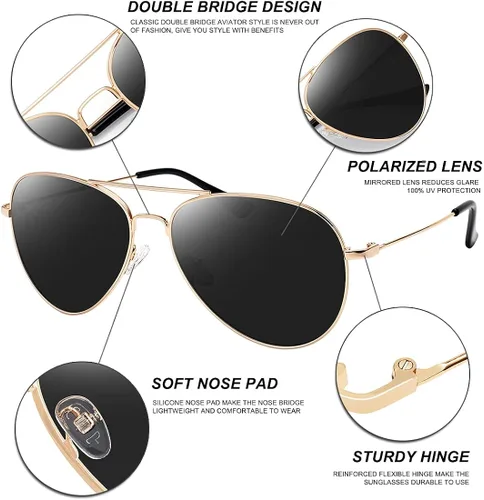 Vista 3 de WOWSUN Classic Polarized Aviator Sunglasses for Women Men with Case