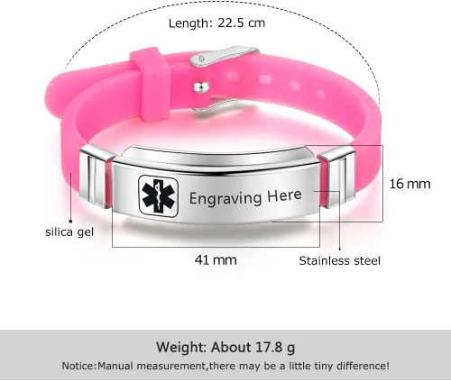 Vista 64 de OPALSTOCK Pulseras médicas personalizadas de silicona ajustable para identificación de emergencias, grabado gratuito, 9 pulgadas, resistente al