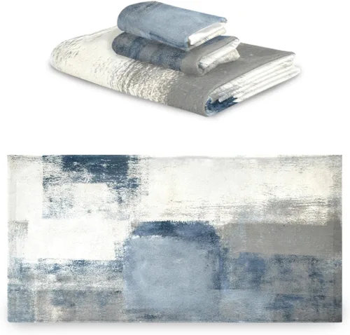 Vista 2 de Juego de toallas de baño vintage, juego de 3 toallas suaves de pintura abstracta retro azul gris