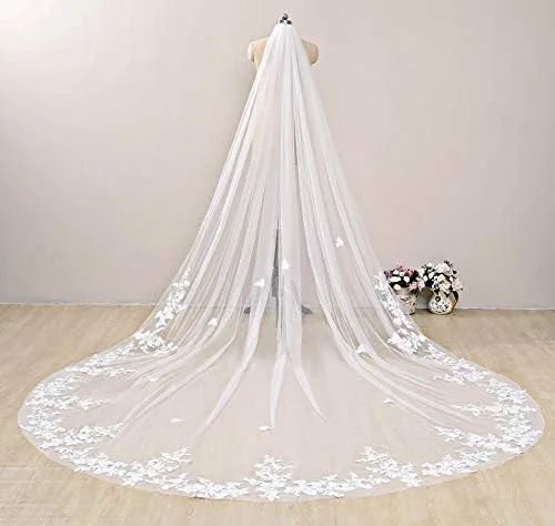 Vista 2 de Elawbty Velo de novia de boda con flor de encaje catedral de 1 nivel con peine para mujer
