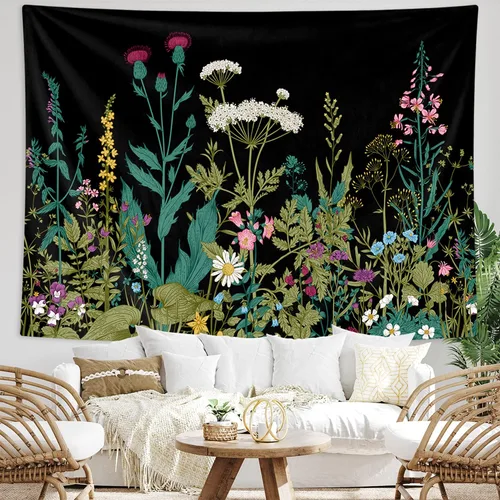 Vista 9 de HOMKUMY Tapiz de pared de flores silvestres, tapiz hippie bohemio con flores psicodélicas indias para colgar en la pared, decoración del hogar