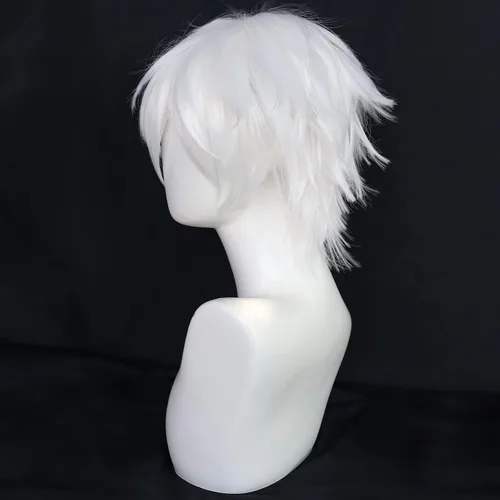 Vista 4 de Anogol Gorro de pelo + peluca corta blanca para hombres, peluca blanca para cosplay, peluca blanca corta para Halloween, evento de Navidad, fiesta