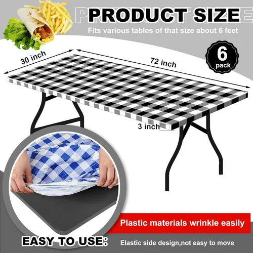 Vista 2 de Boao 6 manteles de plástico para mesa de pícnic, 72 x 30 pulgadas, para mesas de 6 pies, desechables, impermeables, a cuadros, en blanco y negro