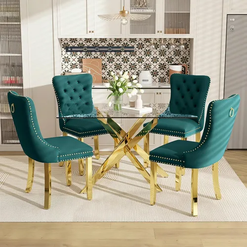 Vista 10 de Juego de mesa de comedor de 51 pulgadas de vidrio para 4, mesa de cocina rectangular de vidrio con 4 sillas tapizadas con acentos de terciopelo