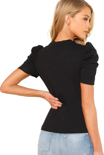 Vista 2 de Romwe - Blusa bordada para mujer con manga corta abombada adornada con elegantes perlas