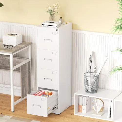 Vista 8 de Greenvelly Archivador de 4 cajones con cerradura, archivador de metal para oficina en casa, archivador vertical con bloqueo, archivador de 18 Blanco