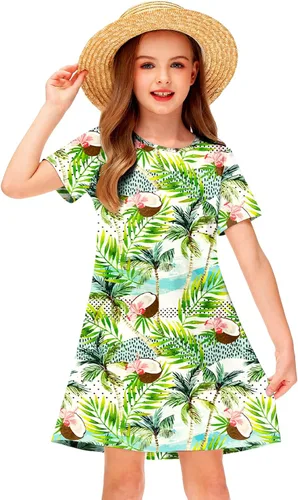 Vista 2 de Deerose Kids Summer Short Sleeve Dresses Hawaiian Tshirt Sundress 3-14 Years Coconut trees