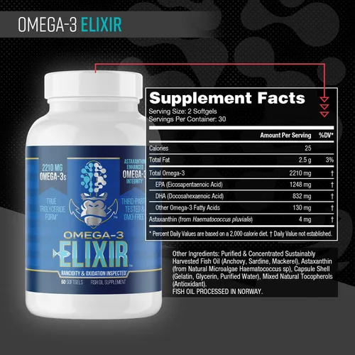 Vista 2 de Gorilla Mind Omega-3 Elixir™ 2210 mg de aceite de pescado en forma de triglicéridos reesterificados EPA, DHA + 2 ácidos grasos Infusión