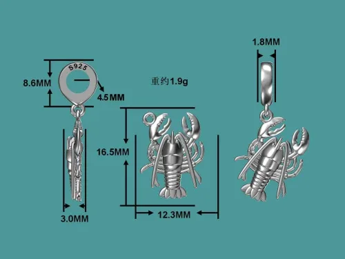 Vista 4 de Langosta Ocean Sea Animal 925 erling Plata Colgante Charm Bead Para Pandora Y Similar Charm Pulseras o Collares, Plata esterlina