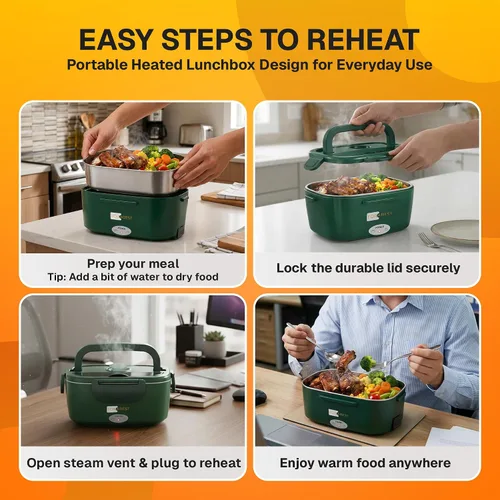 Vista 4 de FORABEST Lonchera térmica – Fiambrera eléctrica de 80 W – Calentador de alimentos portátil con 2 recipientes de acero inoxidable de 1.5 L, bolsa