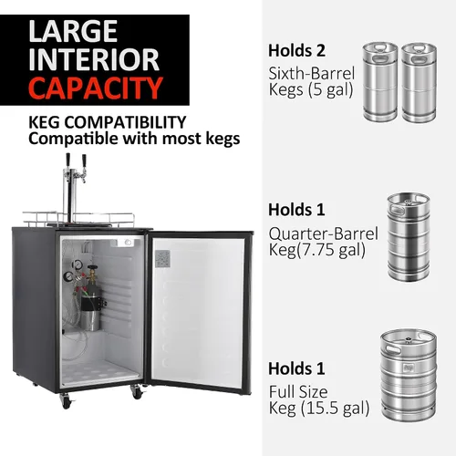 Vista 5 de Kegerator de cerveza, dispensador de cerveza de barril de doble grifo, enfriador de cerveza de tamaño completo y barril con estantes y bandeja