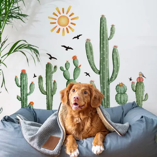 Vista 7 de Calcomanías de Pared de Cactus Boho Calcomanías de Pared de Sol Boho Plantas Tropicales de Cactus Verdes con Pájaros Calcomanías de Pared para Sala