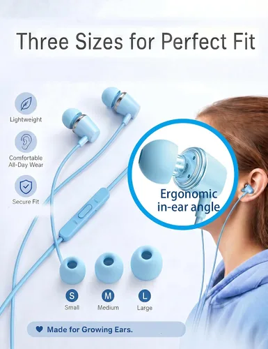 Vista 5 de 2 paquetes de auriculares para niños (azulvioleta) GOGOSINIS 2-Pack Teens Wired Student Earbuds with Carabiner Clips to Attach on School