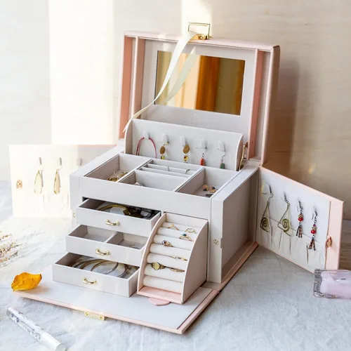 Vista 3 de Vlando Joyero de piel sintética, organizador mediano de joyería, regalo vintage para mujer, patrón de cruz rosa