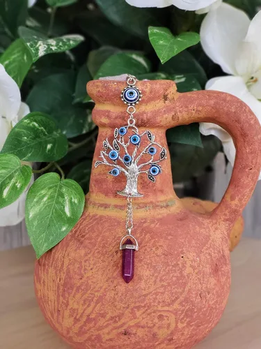 Vista 5 de LUCKBOOSTIUM Amuleto plateado con árbol de la vida con ojo malvado azul y piedra preciosa de cristal, dije para crecimiento, fuerza, protección