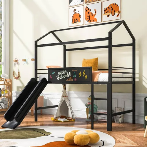 Vista 10 de Litera de metal individual sobre individual con escalera, litera de metal con tobogán para dormitorio de niños (casa negra con tobogán)