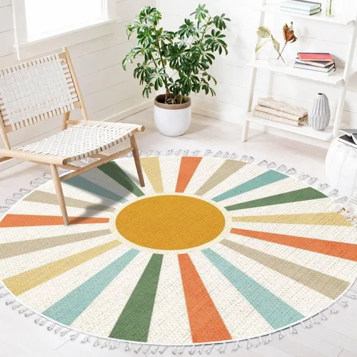 Vista 10 de Alfombra redonda bohemia para niños, dibujada a mano sin costuras con arco iris rosa pastel, alfombra de verano para bebé, alfombra de lino, Multi3