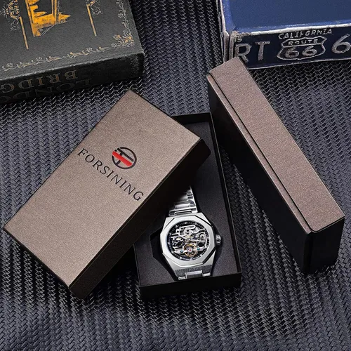 Vista 7 de FORSINING Reloj automático mecánico de pulsera para hombre octogonal impermeable reloj de esqueleto de lujo diamante Tourbillon plateado correa