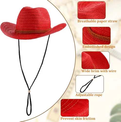 Vista 3 de Suhine 15 sombreros de vaquero de paja para hombres y mujeres, coloridos sombreros de fiesta occidental a granel, protección solar a granel, vaquera