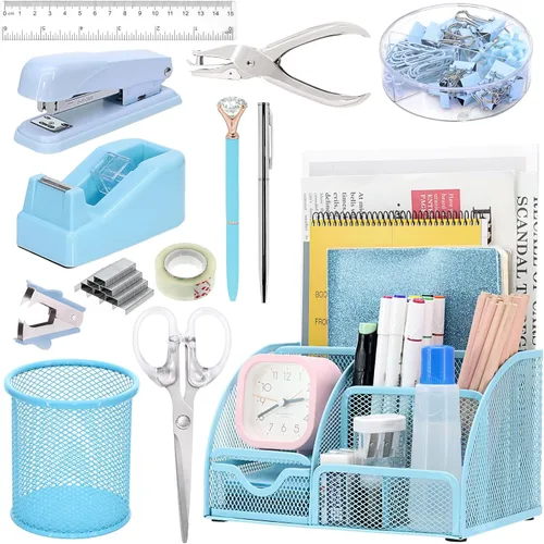 Vista 13 de SYMDROMIA Juego de organizador de escritorio de oficina 13 en 1 con engrapadora y dispensador de cinta, soporte para bolígrafos, tijeras, regla